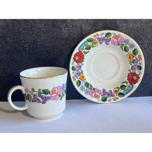 Vintage 1960s Kalocsa 22K Gold Hungary Floral Demitasse Cup and Saucer Set of 6
